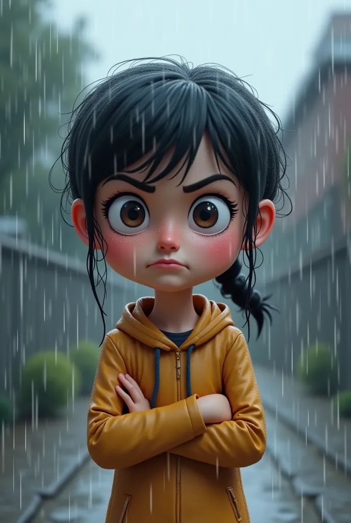 Ten-year-old girl gets angry because it's raining on her very hard