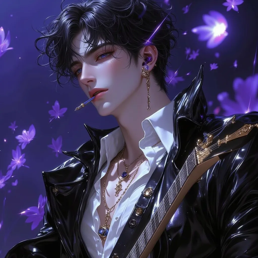 Masterpiece,Exquisite facial details，Exquisite eye details， Best quality, ，1 man, Headsets，singers，cool guy，Medium-long black hair，Dashing，choker necklace,Purple pick dye，comma hair，Purple eye，Forehead comma hair，White shirt，Black leather coat，holding guit...