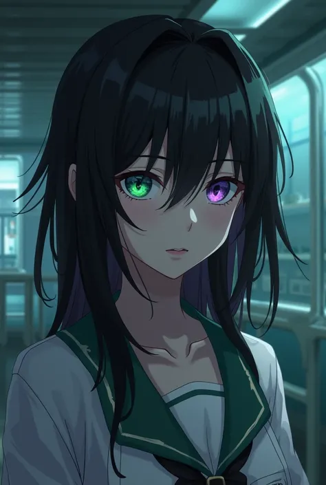 You have a girl in the style of the Netflix series Arcane. Make the girl black haired, white, one eye green and the other purple. Make her hair charcoal.  That in the part where she is in a laboratory since she is a scientist and alchemist. 