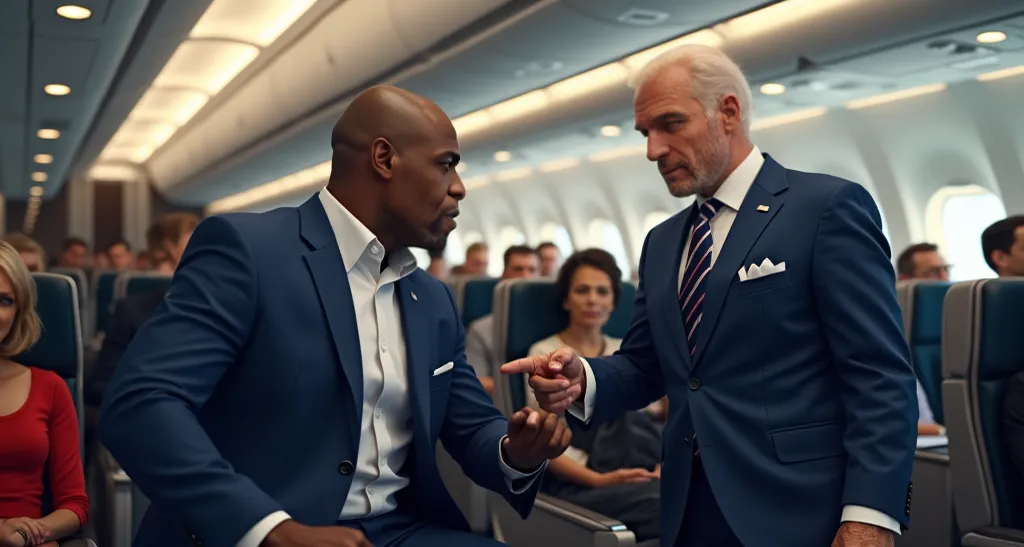 Inside a modern airplane cabin, actor exactly like Terry Crews [The actor Terry Crews, perfectly realistic with his signature bald head, muscular physique, and dark skin tone], is seated in a luxurious blue business-class seat, wearing a stylish blazer ove...