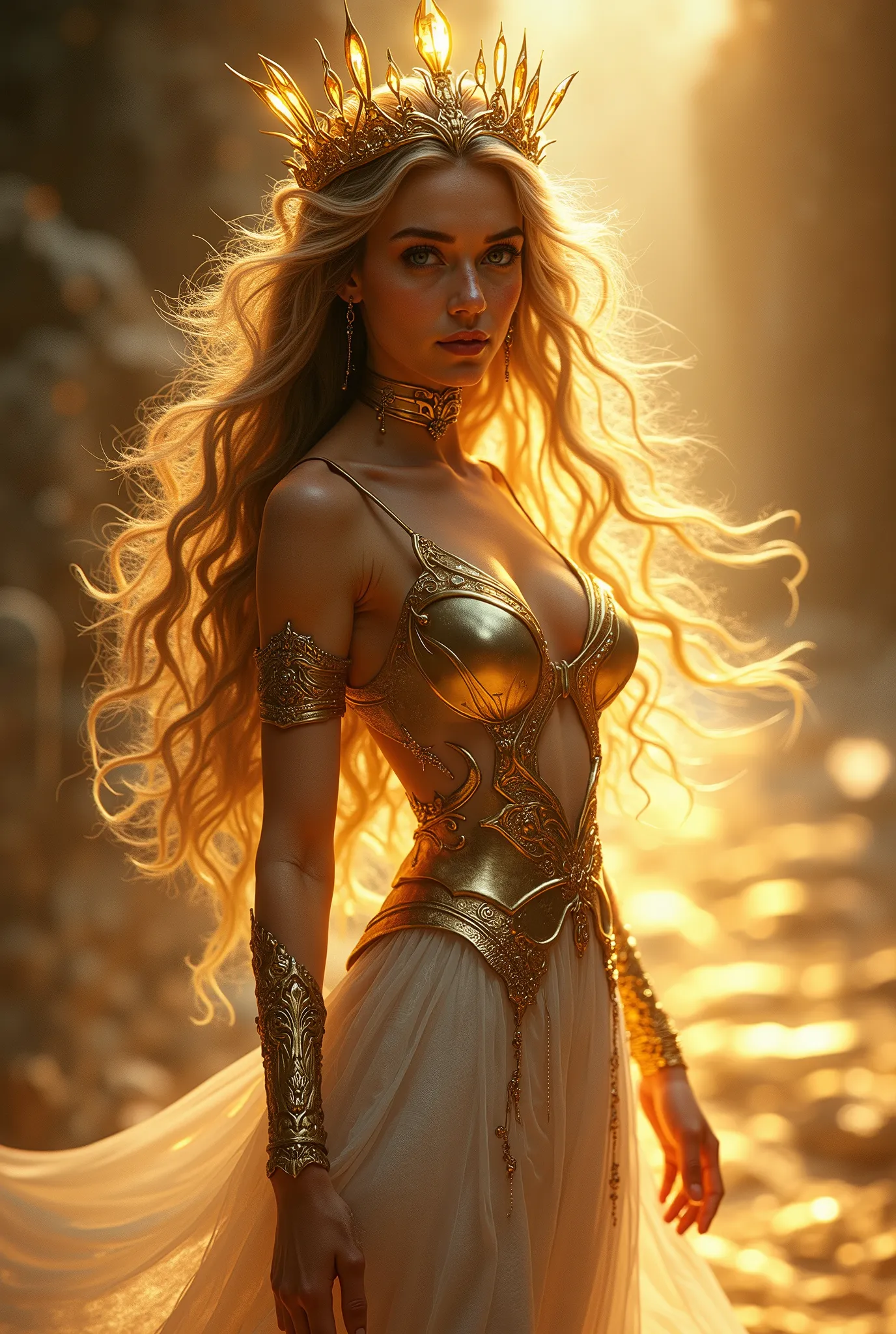 "A young and seductive goddess, appearing 18 years old, with long golden and silver hair that floats gently, reflecting light around her. Her eyes are large and enigmatic, deep amber with golden pupils, exuding power and desire. Her skin is luminous, porce...