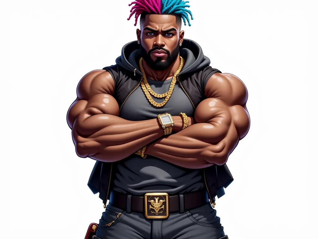 A powerful digital illustration of a muscular Black man with a strong, well-built physique. He has a bold and confident expression, with a neatly shaped full beard and intense eyes. His hair is vibrant and colorful, featuring a mix of electric blue, fiery ...