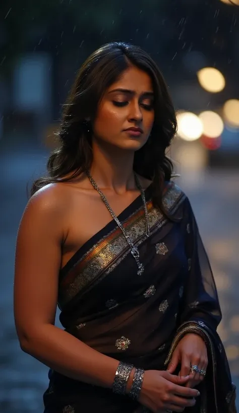 A woman stands in the pouring rain, wearing only a wet, translucent saree draped around her curves. Her bare shoulders and chest glisten as raindrops trace down her skin. She tilts her head back, eyes closed, embracing the cool sensation. The golden glow o...