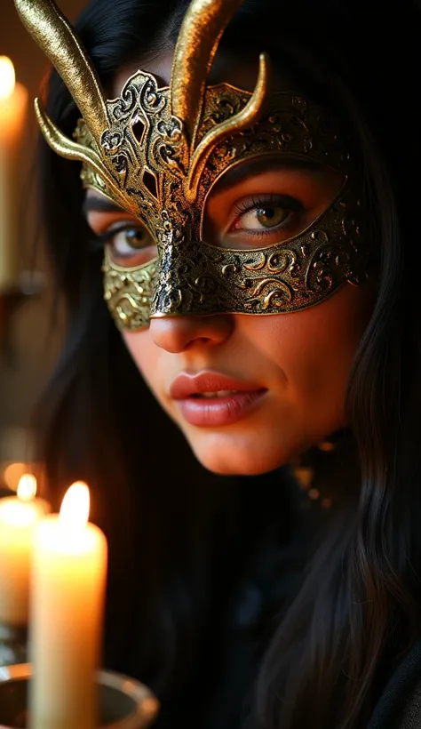 The scene closes in an intense close-up, capturing every detail of the woman shrouded in mystery. The golden deer mask (# D4AF37 ) covers the upper part of your face, with a rich texture and refined finishes that gently reflect the light of the surrounding...