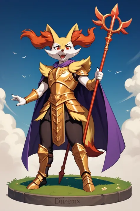 Furry, solo, anthropomorphic character, braixen [wears a small, three-pointed crown atop his head, golden pauldrons, a long purple cape that slightly drags along the ground, which he often uses cloak his armored body. armor is near-full body, though his fe...