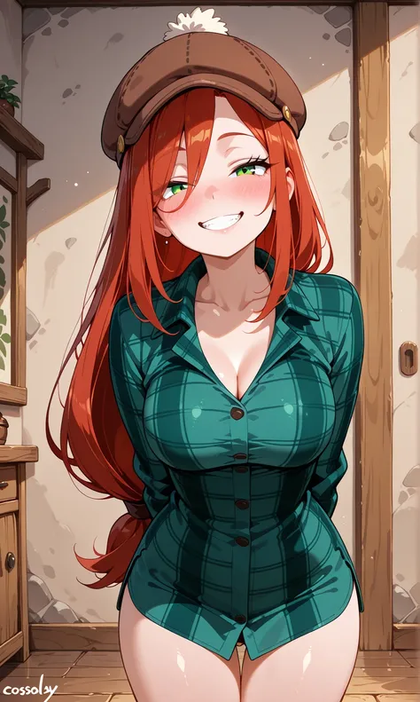 ultra detailed,De la maxima calidad, detailed background,  you can see in the background the mystery cabin from the Gravity Falls series,1 girl,wendy corduroy, young girl,red hair,green checkered shirt , Medium Breasts,naughty smile ,sensual, hands behind ...