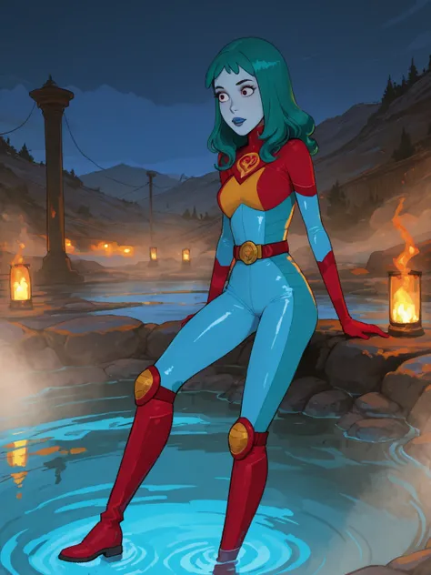 planetina, 1girl, solo, bodysuit, blue lips, blue skin, aqua hair, long hair, red gloves, belt,knee boots, 8k, Obra maestra, mejor calidad, ultra detallado, detalles intrincados, hiper calidad, alto detalle, profesional, HDR, cinematic lighting, panoramic ...