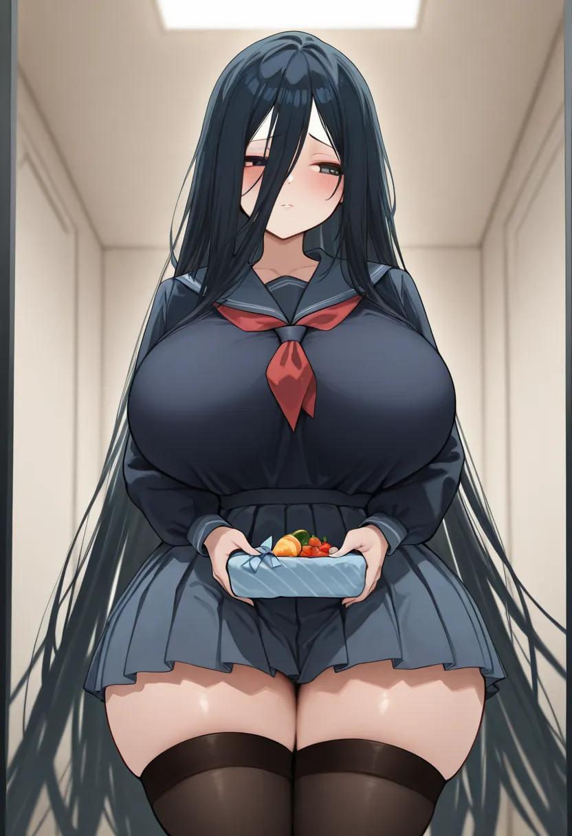 Solo, girl, tímida gloomy girl, school uniform, long black hair, bangs upon her left eyes, Big saggy breast, think waist, wide hips, evacusve gaze, blush, perfect breast, perfect thighs, black mid-thigh stockings,, dynamic pose, perfect scene , Masterpiece...