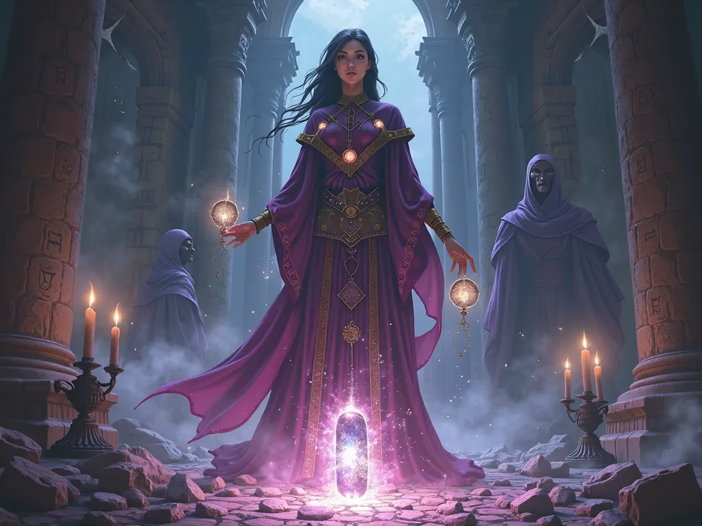 Create an ultra detailed digital illustration of a character feminine in a dark fantasy world, immersed in an arcane ritual to unleash an ancient power. The character must to have a mystical and imposing look, wearing costumes richly adorned with magical s...