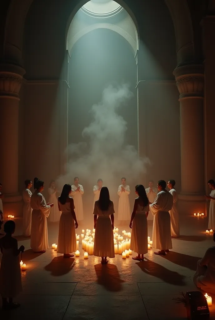 Opening Scene – The Spiritual Temple (Terreiro)
"A dimly lit spiritual temple (terreiro) with flickering candles, soft smoke rising from incense, and a sacred, mystical atmosphere. People dressed in white stand in a circle, preparing for a spiritual ceremo...