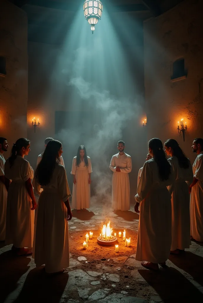 Opening Scene – The Spiritual Temple (Terreiro)
"A dimly lit spiritual temple (terreiro) with flickering candles, soft smoke rising from incense, and a sacred, mystical atmosphere. People dressed in white stand in a circle, preparing for a spiritual ceremo...