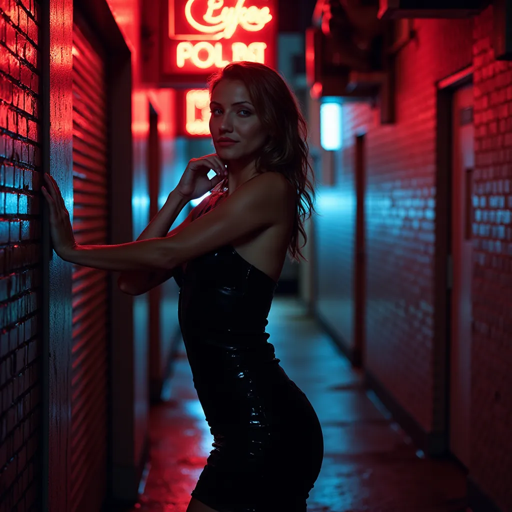 A full-body cinematic portrait of a woman standing beneath the glow of neon signs in a quiet city alley at night. Her sleek, rain-dampened dress clings to her body, accentuating her silhouette without revealing too much. The reflections of red and blue neo...