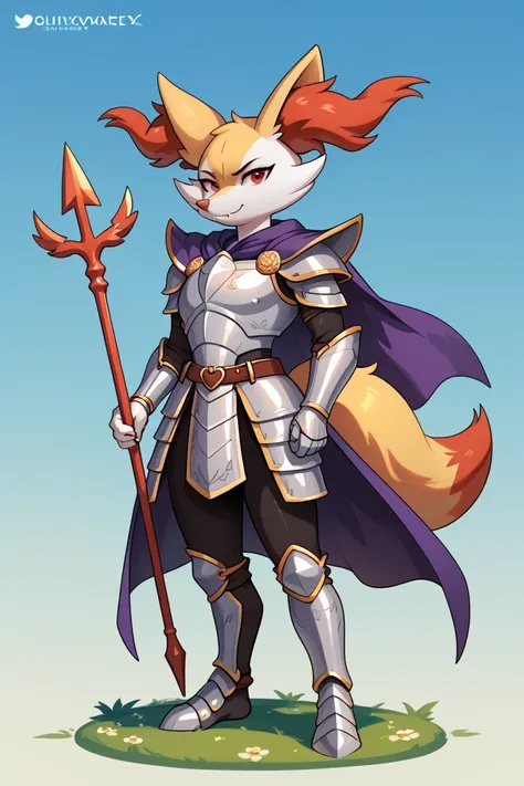 Furry, solo, anthropomorphic character, braixen [wears a small, three-pointed crown atop his head, golden pauldrons, a long purple cape that slightly drags along the ground, which he often uses cloak his armored body. armor is near-full body, though his fe...