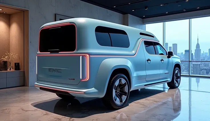 Back side view of the 2026 GMC Motorhome Truck in a sleek light blue color, showcased in a luxury showroom. The design features a futuristic aerodynamic body, with sleek LED taillights wrapping around the rear corners, a large panoramic side window, and a ...