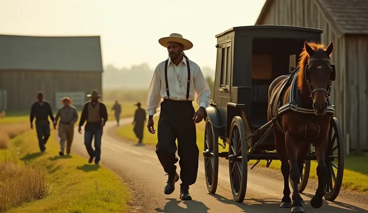 A surreal yet strikingly detailed image of Snoop Dogg stepping off a horse-drawn buggy in an Amish village. He wears traditional Amish attire—straw hat, suspenders, and simple boots—but his iconic swagger remains. The background features wooden barns, open...