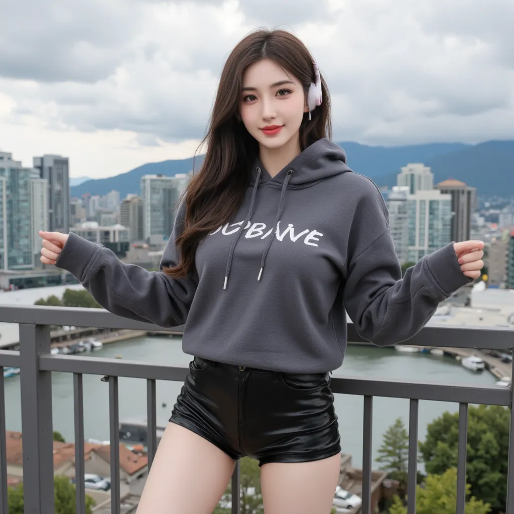 full body Woman with hooded sweatshirt, Latex Shorts, Auriculares, dynamic pose, smiling and winking, masterpiece, super, natural lighting, Vancouver city background, without patterns, No textures.