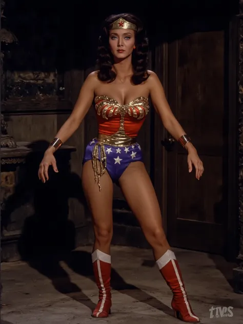 Wonder Woman, Linda Carter ,big breasts standing, she's been kicked in the vagina so she's clutching her pussy in pain, crying, eyes open looking up, in dark sexy bedroom , ((( with eyes opened, mouth open, glossy lips )))，ravished legs spread, boots slipp...