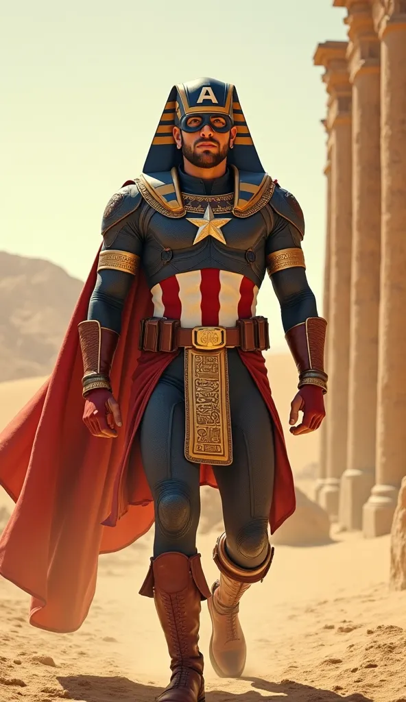 Marvel's Captain America in his Egyptian costume walking toward the camera.