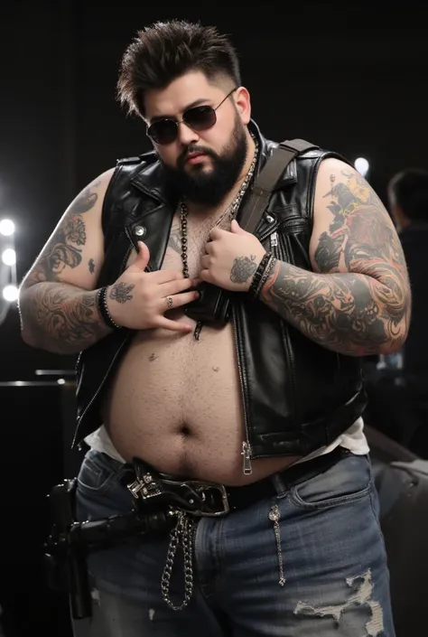 Hentai manga (masterpiece:1.2), (best quality:1.2), manga. Rough, rough eyes, round overweight face, dim lighting, gothbiker, 1 man, overweight body shape, biker vest,leather, tattoos, vest opened,pubic hair,like big pun the rapper,black jewelry, black and...