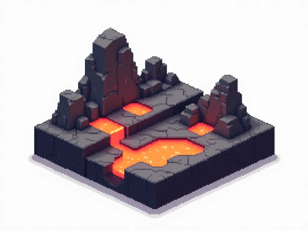 "A 2D pixel-art rocky landscape with lava in a platformer game style, designed with a fully square, block-based structure. The scene should feature rocky terrain with simple, layered platforms, and patches of lava in bright orange and red hues. The lava sh...