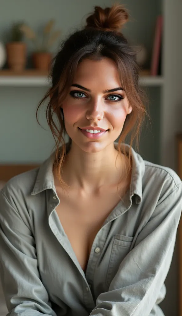 Woman taking a selfie,  with casual clothes, in an upper-middle class household,  hair tied back ,  little makeup , smiling, and staring intently at the camera, as natural as possible 