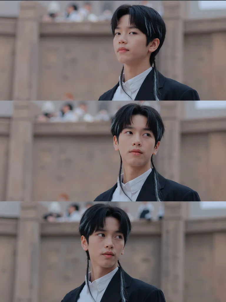 boy with long hair tied low simply with a white cloth string, black hair, bangs parted evenly on both sides, sideburns, wearing dark blue and white clothes