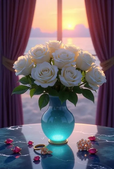 A breathtaking masterpiece featuring 12 elegant white roses arranged in a beautifully crafted marble and gemstone-adorned vase. The vase sits on a luxurious deep-blue marble table, glowing softly with a mesmerizing bioluminescent fluid. A delicately design...