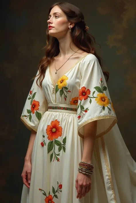 Woman who had a white dress, with large colored flowers, and small-
Nails embroidered leaves, wide sleeves with bracelets and by the
The back was more open and hung down. In front it seemed open
and above the knees closed with leathers or ribbons. The ches...