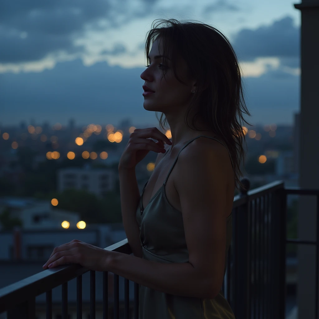 A full-body cinematic portrait of a woman standing on a balcony, overlooking a rain-soaked cityscape at twilight. Her silk dress, damp from the lingering mist, clings to her body, accentuating her silhouette in a refined yet natural way. The wind plays wit...