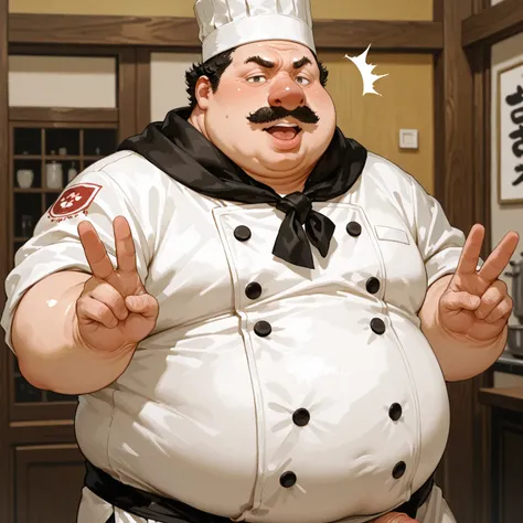 obese fat man,male focus ,(black curly hair:0.8),Japanese ,big nose,(obese:1.5) ,thick lips,penis, standing,look at viewer,(open mouth:0.8),open mob round eyes,Close-set eyes,v-shaped thin eyebrows,(surprised:0.8),Chef uniform