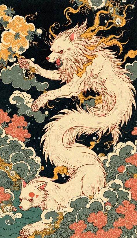 an ukiyo-e depiction of a god dog fighting against a god cat. both animals have japanese motif of curly cloud swirling on their body.