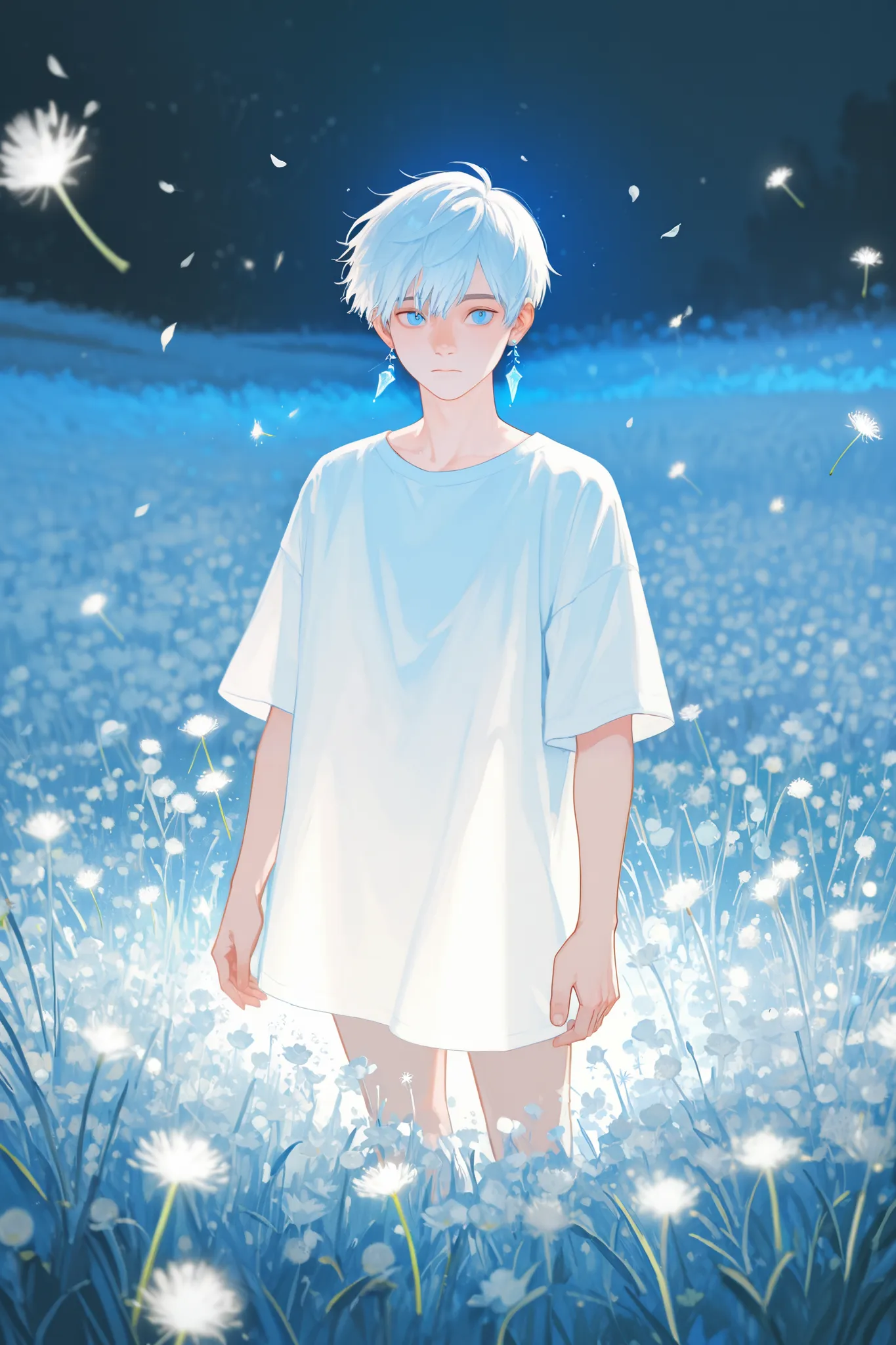  13years old boy with blue eyes, standing in a field felld with white dandelion flowers, with white short hair and wearing white selves shirt, and tiny crystal earrings, some few tiny dandelion petals flying around, sketchy, dream aesthetic, glowing light,...