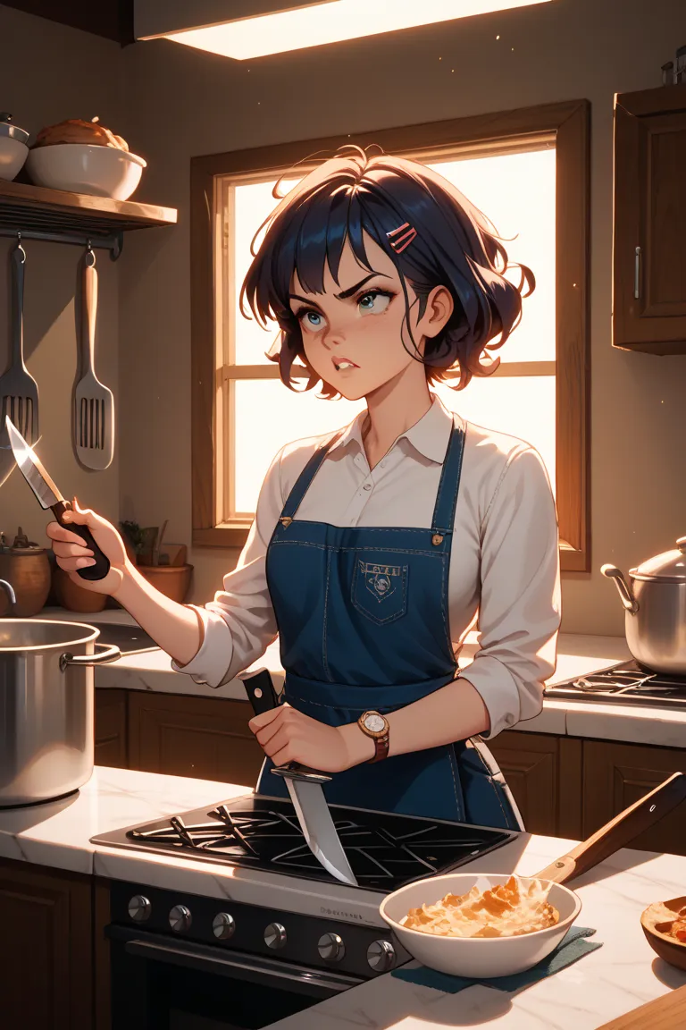 Menherous girl with a kitchen knife