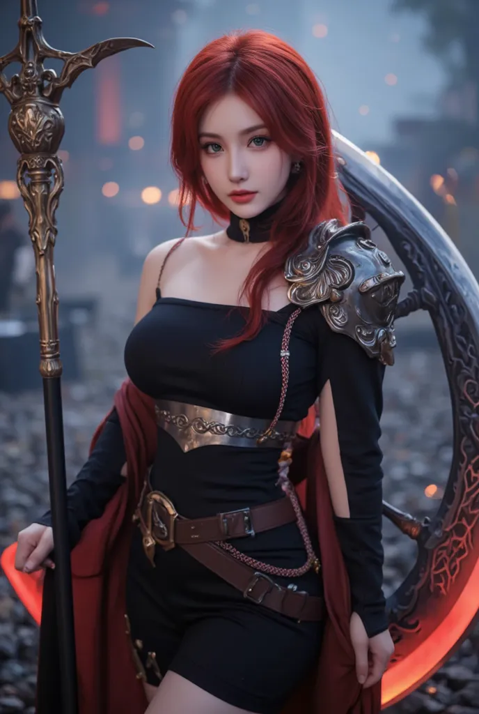 "A highly detailed, ultra-realistic portrait of Ruby from Mobile Legends. She has striking red hair, piercing eyes, and a confident yet slightly mischievous expression. Her battle-worn yet stylish outfit consists of a dark gothic-inspired dress with metall...