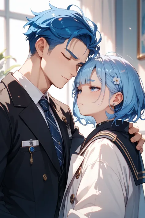 An adult male 、blue hair and short length。bangs are so short。Her eyes are blue, she has a 、Slightly saggy、slightly sleepy。Parallel eyebrows。the vibe is gentle。The clothes are black suits and the doctor's white coat。