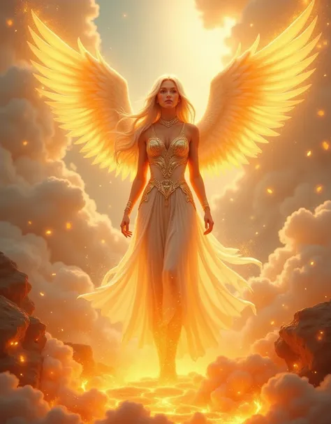 a woman with white hair and a wearing armor dress is standing in the sky with fire, with fiery golden wings, with fiery golden wings of flame, of beautiful pheonix, glowing angelic being, full - body majestic angel, beautiful pheonix, of an beautiful angel...