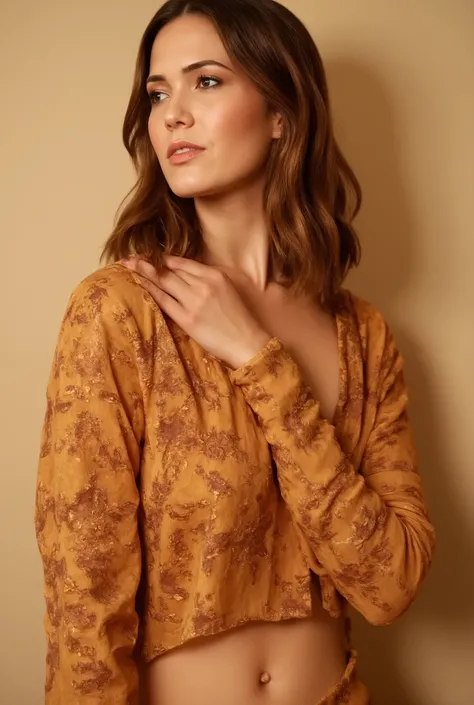 best quality, highres, 8k, masterpiece, photography, detailed midbody photorealistic portrait. Mandy Moore's dress is a contemporary cheongsam/qipao in a rich gold satin with crimson accents. The design features a high, standing collar and full-length slee...