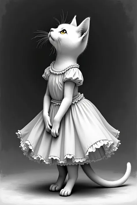 Drawing of a cat in a girl's dress, The cat is standing on two legs and the tail comes out under the dress. The cat is looking up slightly. The drawing is in black and white