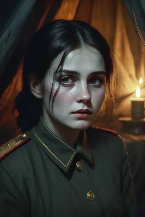 A really haunted picture lifely prompt of A dead 22 year old soviet soldier girl from 1940's looks at me in the tent knowing that i'm wounded. She is a ghost but is healing me