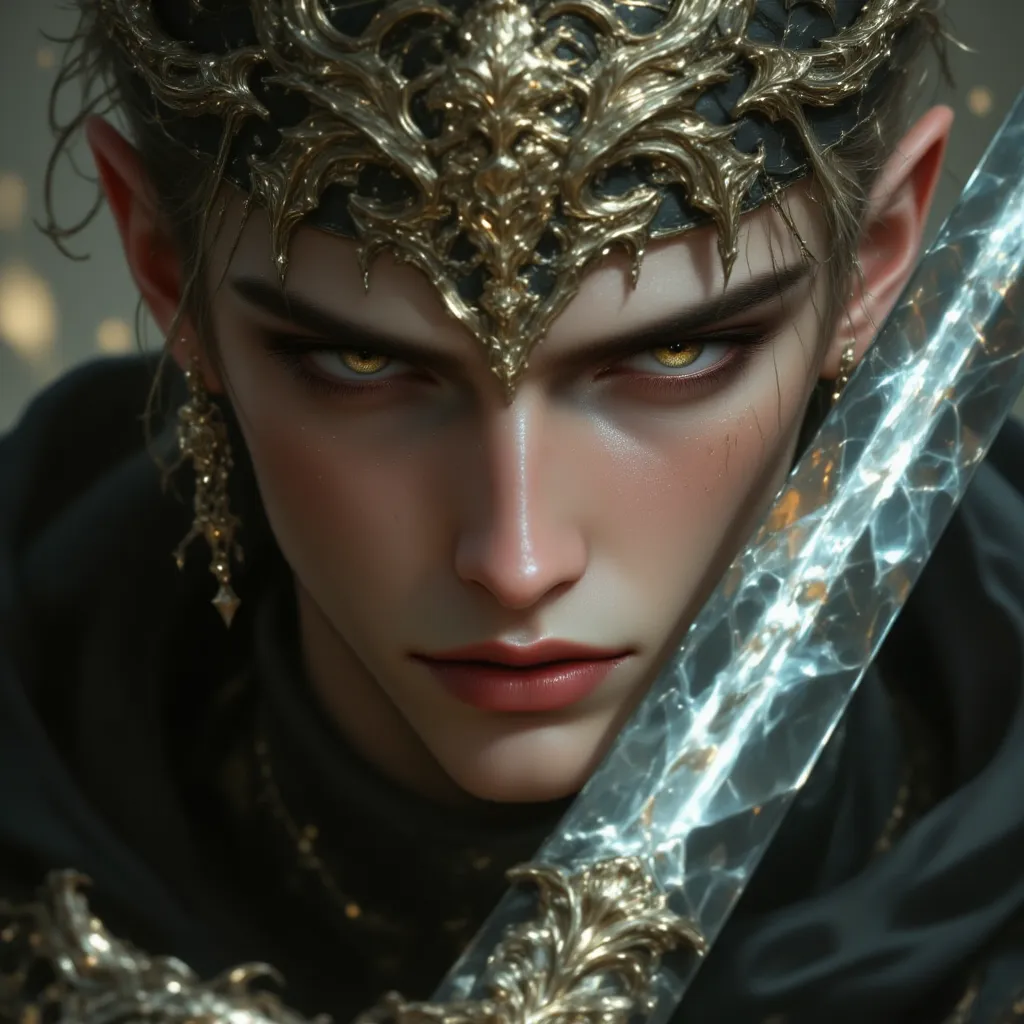 a close up of a person with green eyes and a sword, a portrait of a male elf, a portrait of an elf, a male elf, portrait of an elf, elven character with smirk, portrait of an elven warrior, beautiful male elf, portrait of fin wildcloak, male blonde elf ran...