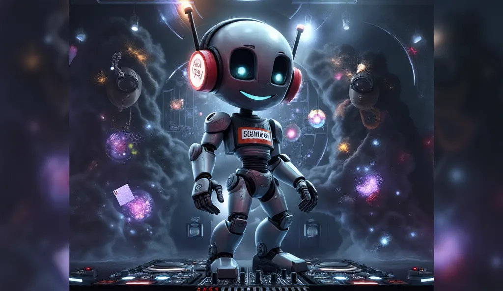 All singing and dancing. on stage, There's a cheerful robot with a metal head, with an old look, But futuristic d , j runner type dj  , With DJ headphones,  wearing a shirt with writing: "SABmixer". With DJ headphones, is handling a holographic DJ controll...