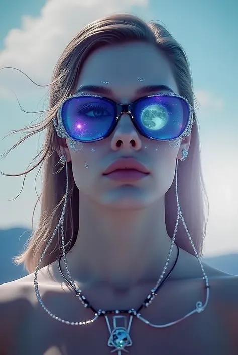 The model is wearing glass sunglasses with stars and the moon on the glass