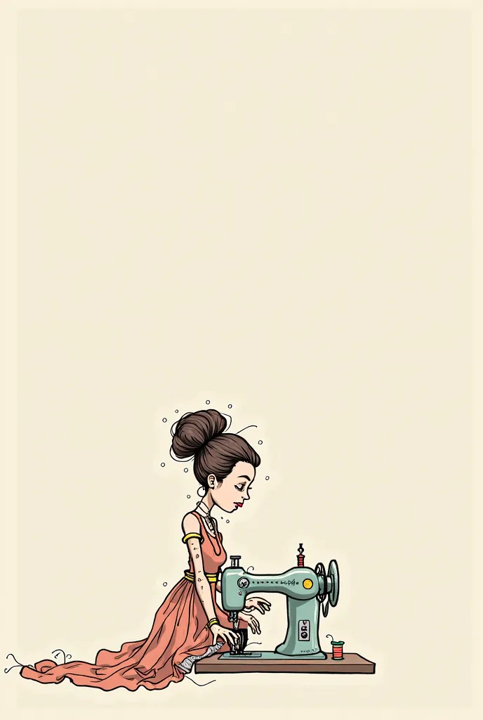 Curly Brown messy bun lady with an eccentric style using a sewing machine. Make it a very simple cartoonish line drawing with a little color