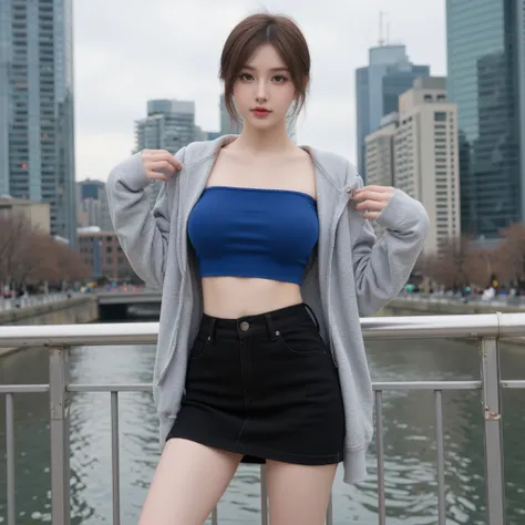 full body young woman, short hair, brown eyes, blue tube top, Black miniskirt, gray hoodie sweatshirt, face to the camera, Dynamic pose, magnificent anatomy, masterpiece, super, natural lighting, sharp focus, ultra resolution, Toronto city background, with...