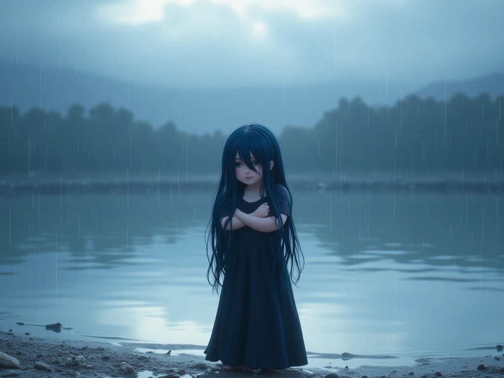 Fille 5 ans, full, black blue hair, hair hides your eyes, little smile, hand crossed, black dress, rainy, Long hair, endroit lumineux, At the edge of the lake , style