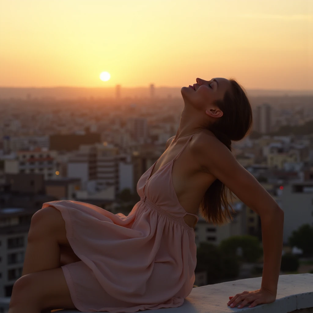 A full-body cinematic portrait of a woman sitting on the edge of a rooftop as the sun dips below the city skyline. The golden hour light bathes her skin in a warm glow, highlighting the soft contours of her face. She wears a simple, flowing dress that catc...