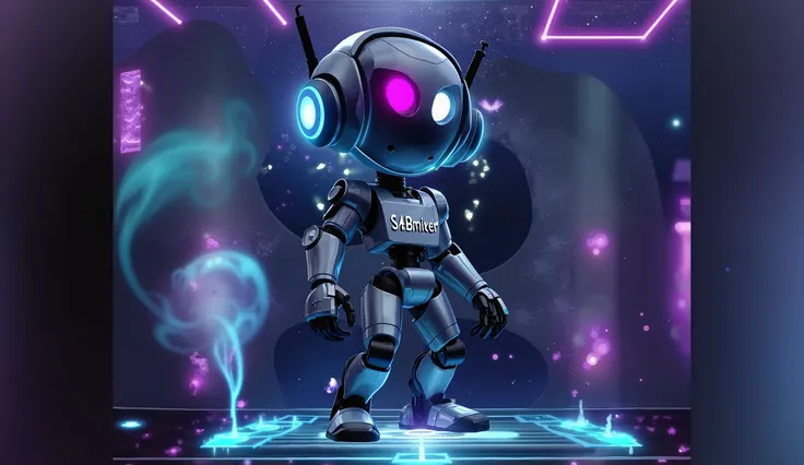 All singing and dancing. on stage, There's a cheerful robot with a metal head, with an old look, But futuristic d , j runner type dj  , With DJ headphones,  wearing a shirt with writing: "SABmixer". With DJ headphones, is handling a holographic DJ controll...