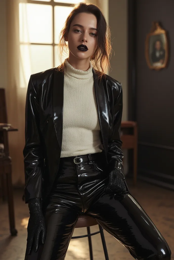 Full length photo, white sweater, black latex blazer, black latex tight pants, black latex gloves, she is wearing shiny black lip gloss, latex shoes, black eyeliner, in a dimly lit room with sunshine coming in through the window,  sit on chair, high qualit...