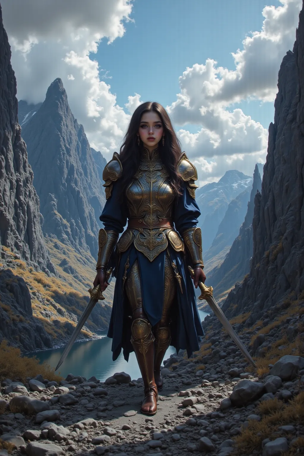 A scene where a woman in reinforced armor wields a huge bayonet and stands in a place with a view of mountains and rivers, Realistic, detailed detail, 4k resolution, Photorealistic texture, Professional lighting and shadow effects, FANTASY STYLE, Digital p...