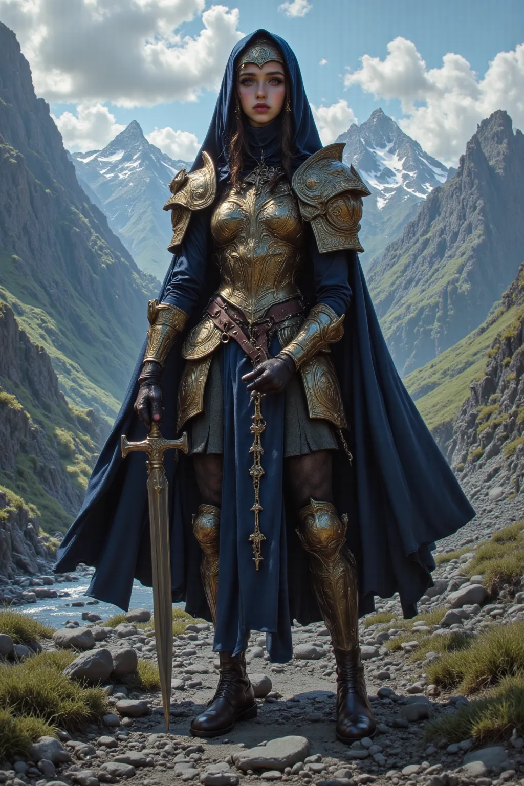 A scene where a woman in reinforced armor wields a huge bayonet and stands in a place with a view of mountains and rivers, Realistic, detailed detail, 4k resolution, Photorealistic texture, Professional lighting and shadow effects, FANTASY STYLE, Digital p...